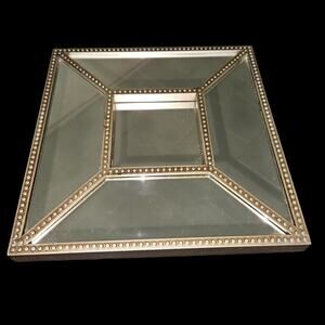 10" Square Mirrored Wall Decor Beaded Trim Silver Accent Modern Elegant